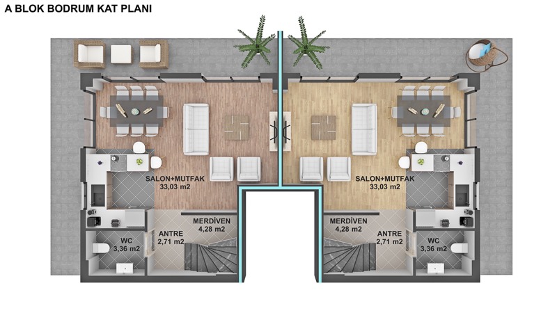 A Blok bodrum kat 2D yerleşim planı