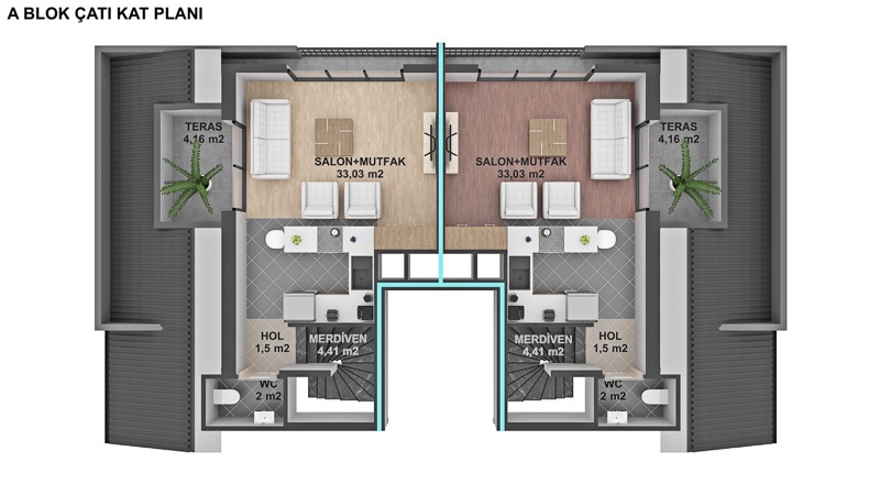 A Blok çatı katı 2D yerleşim planı