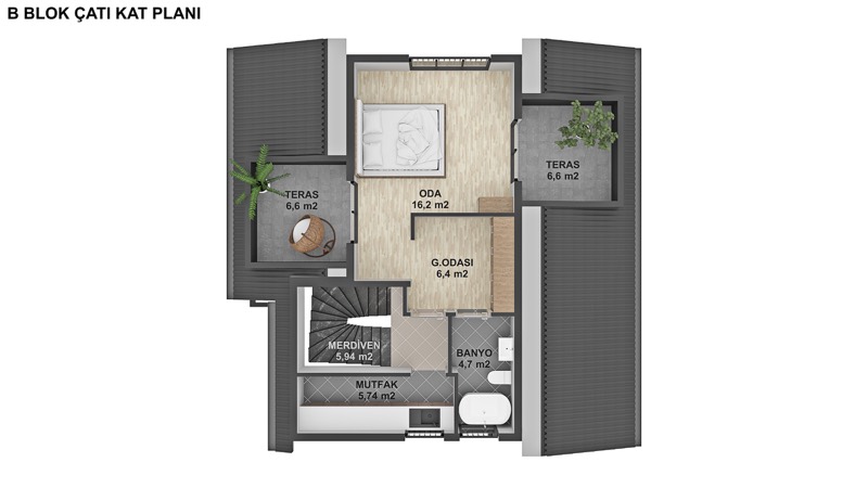 B Blok çatı katı 2D yerleşim planı