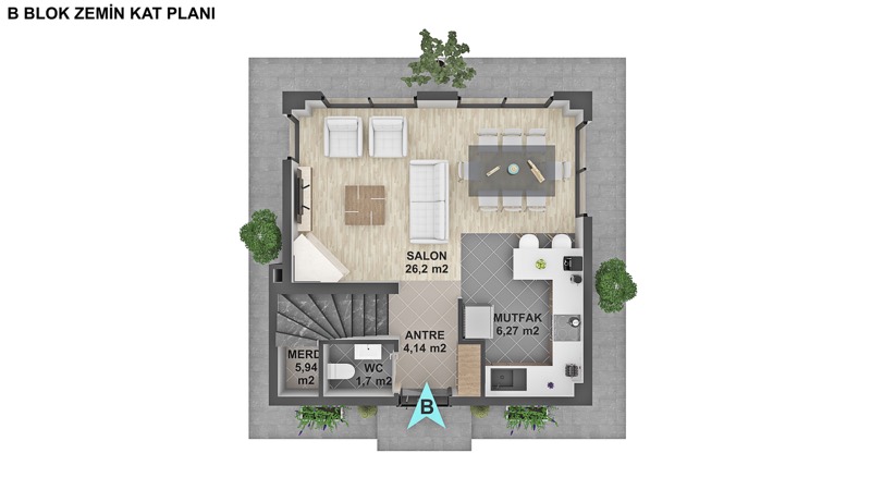 B Blok zemin kat 2D yerleşim planı